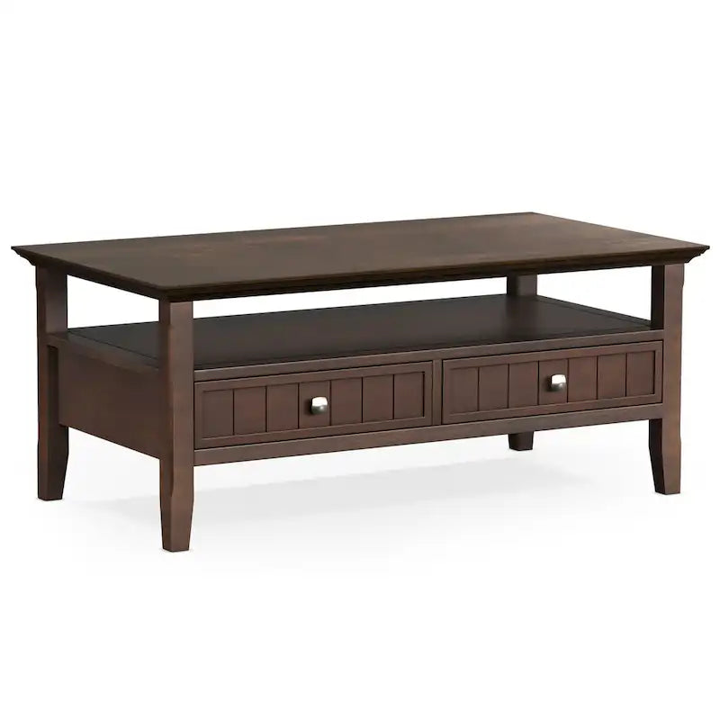 Table basse rectangulaire avec 2 tiroirs et étagère – Marron foncé, Bois massif de style transitionnel, 1 à 2 utilisateurs
