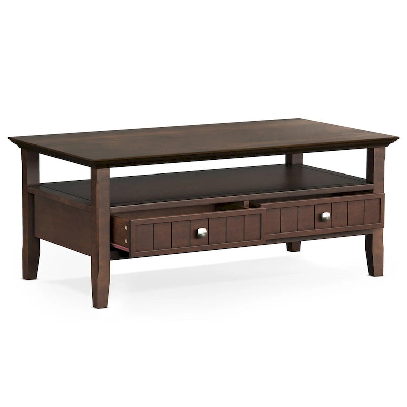 Table basse rectangulaire avec 2 tiroirs et étagère – Marron foncé, Bois massif de style transitionnel, 1 à 2 utilisateurs