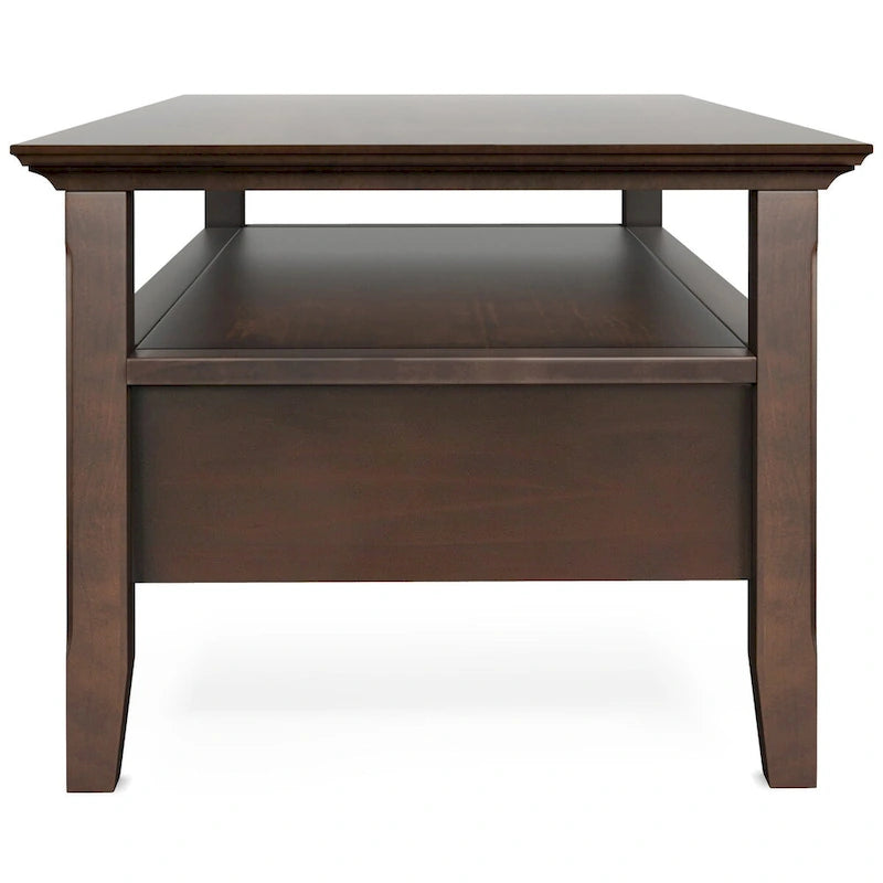 Table basse rectangulaire avec 2 tiroirs et étagère – Marron foncé, Bois massif de style transitionnel, 1 à 2 utilisateurs