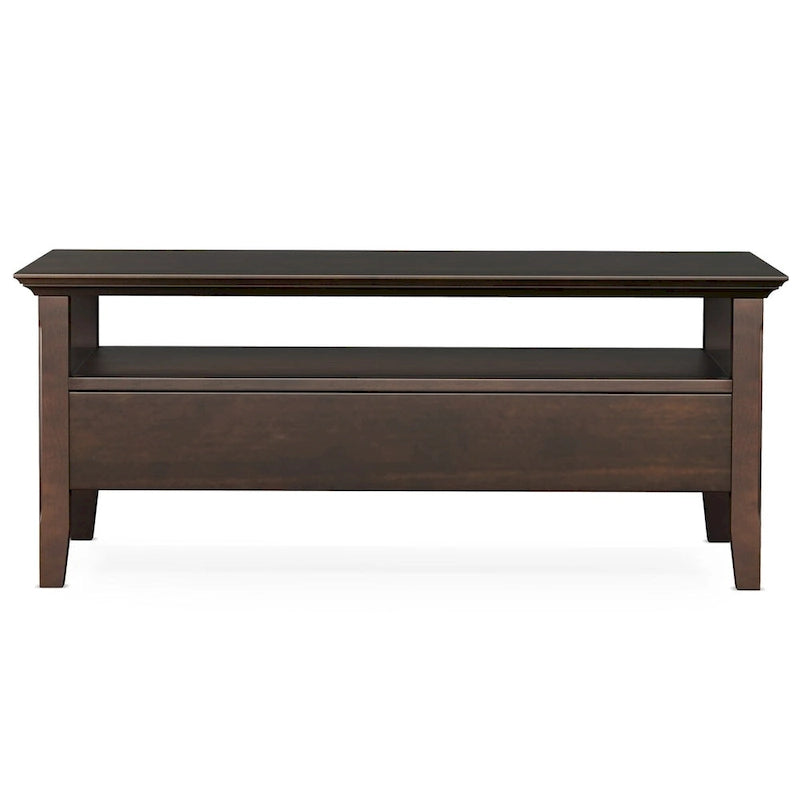 Table basse rectangulaire avec 2 tiroirs et étagère – Marron foncé, Bois massif de style transitionnel, 1 à 2 utilisateurs