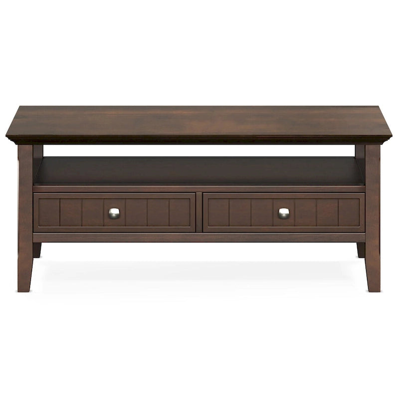 Table basse rectangulaire avec 2 tiroirs et étagère – Marron foncé, Bois massif de style transitionnel, 1 à 2 utilisateurs