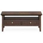 Table basse rectangulaire avec 2 tiroirs et étagère – Marron foncé, Bois massif de style transitionnel, 1 à 2 utilisateurs