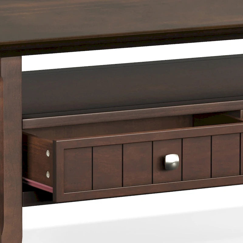 Table basse rectangulaire avec 2 tiroirs et étagère – Marron foncé, Bois massif de style transitionnel, 1 à 2 utilisateurs