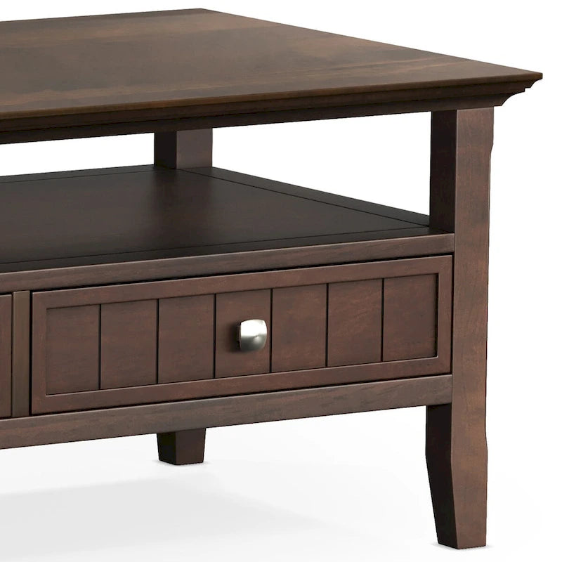 Table basse rectangulaire avec 2 tiroirs et étagère – Marron foncé, Bois massif de style transitionnel, 1 à 2 utilisateurs