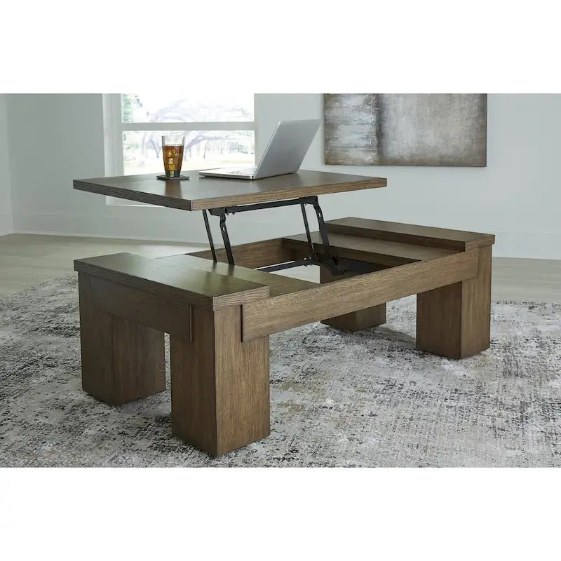 Table basse relevable – Marron chaud, Placage de chêne contemporain et Bois massif, 1-2 utilisateurs
