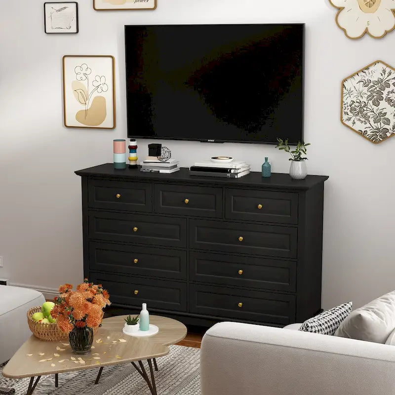 Commode à 9 tiroirs et meuble TV – Noir / Blanc / Bleu marine, MDF moderne et pieds en bois massif, 1 à 2 utilisateurs