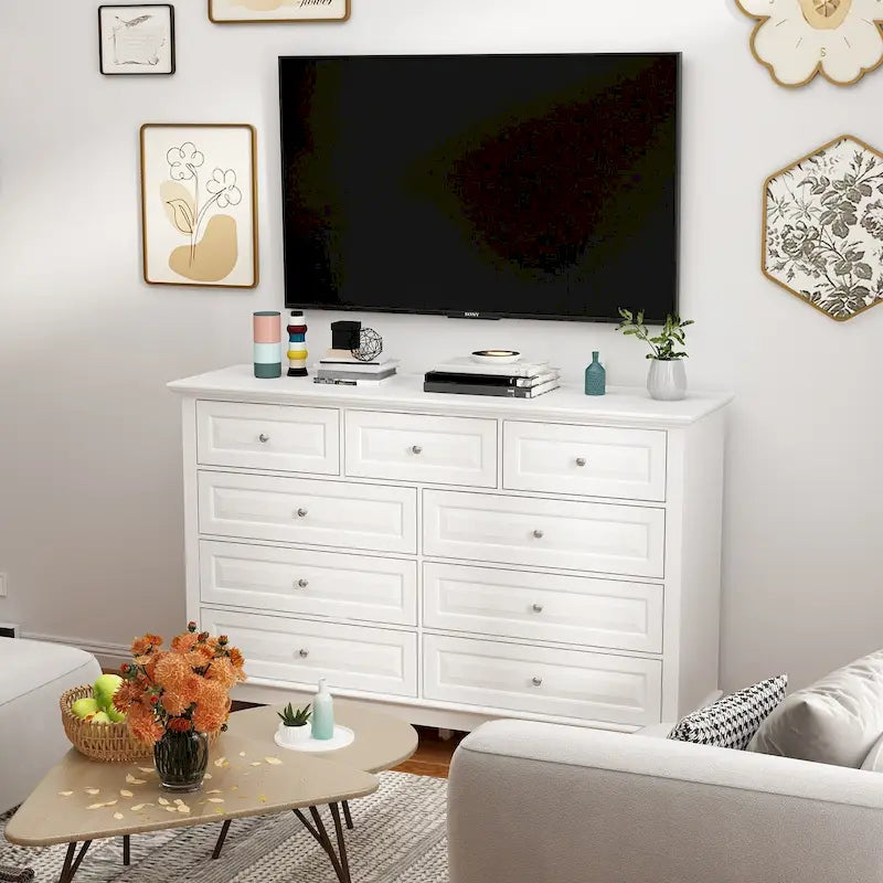 Commode à 9 tiroirs et meuble TV – Noir / Blanc / Bleu marine, MDF moderne et pieds en bois massif, 1 à 2 utilisateurs