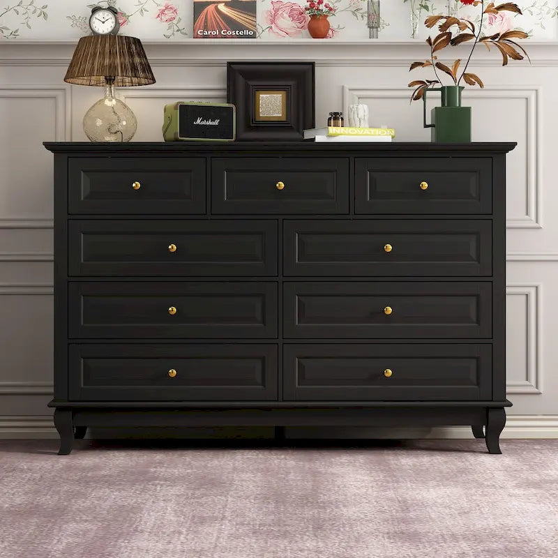 Commode à 9 tiroirs et meuble TV – Noir / Blanc / Bleu marine, MDF moderne et pieds en bois massif, 1 à 2 utilisateurs
