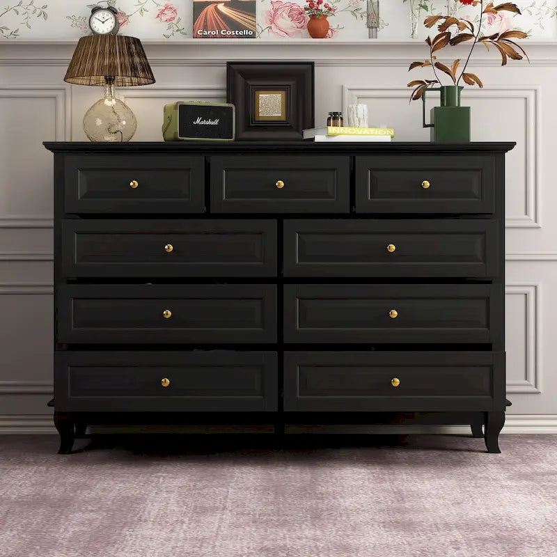 Commode à 9 tiroirs et meuble TV – Noir / Blanc / Bleu marine, MDF moderne et pieds en bois massif, 1 à 2 utilisateurs