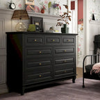 Commode à 9 tiroirs et meuble TV – Noir / Blanc / Bleu marine, MDF moderne et pieds en bois massif, 1 à 2 utilisateurs