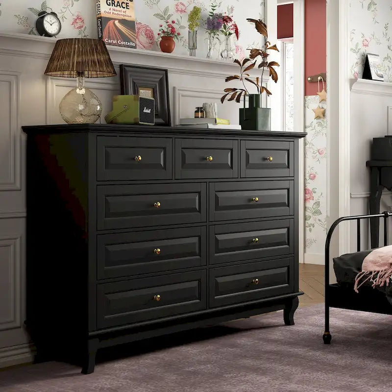 Commode à 9 tiroirs et meuble TV – Noir / Blanc / Bleu marine, MDF moderne et pieds en bois massif, 1 à 2 utilisateurs
