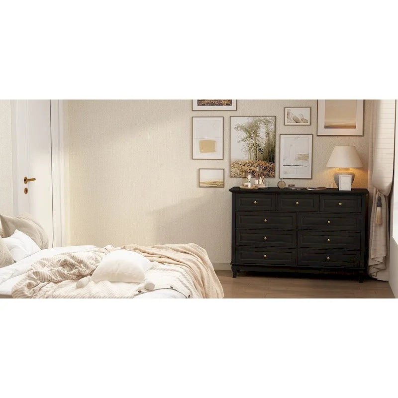 Commode à 9 tiroirs et meuble TV – Noir / Blanc / Bleu marine, MDF moderne et pieds en bois massif, 1 à 2 utilisateurs