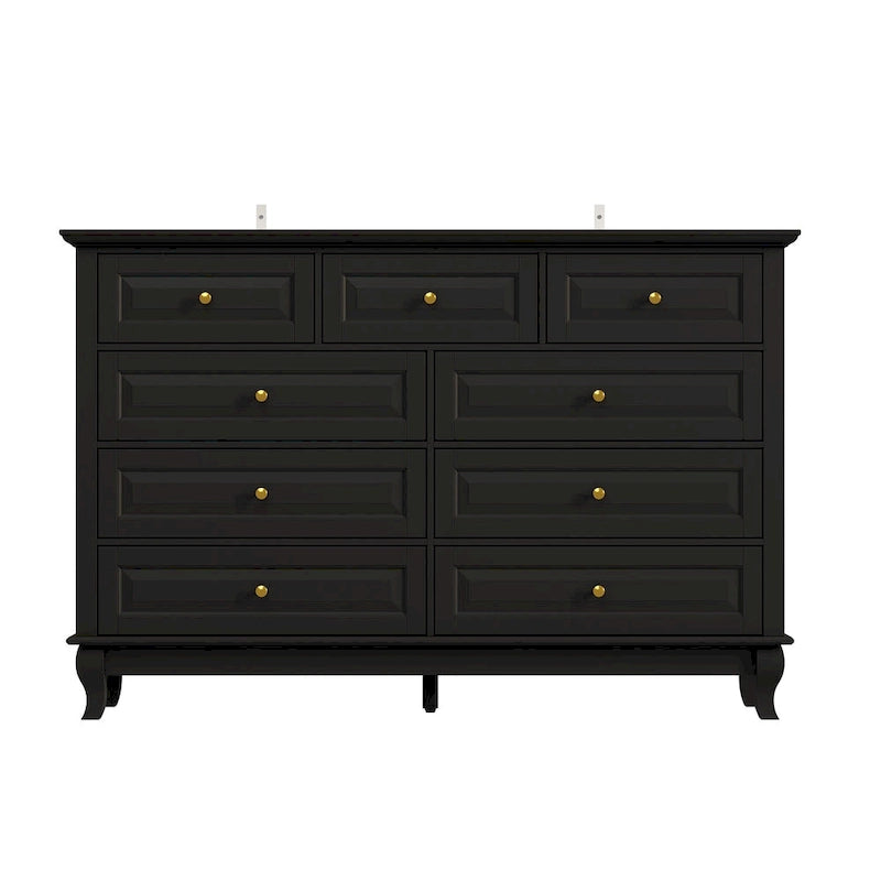 Commode à 9 tiroirs et meuble TV – Noir / Blanc / Bleu marine, MDF moderne et pieds en bois massif, 1 à 2 utilisateurs