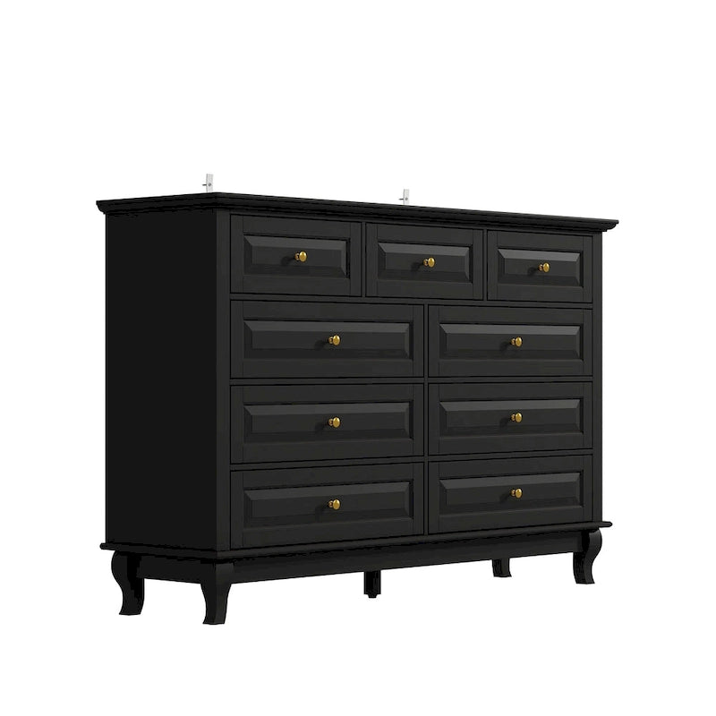 Commode à 9 tiroirs et meuble TV – Noir / Blanc / Bleu marine, MDF moderne et pieds en bois massif, 1 à 2 utilisateurs