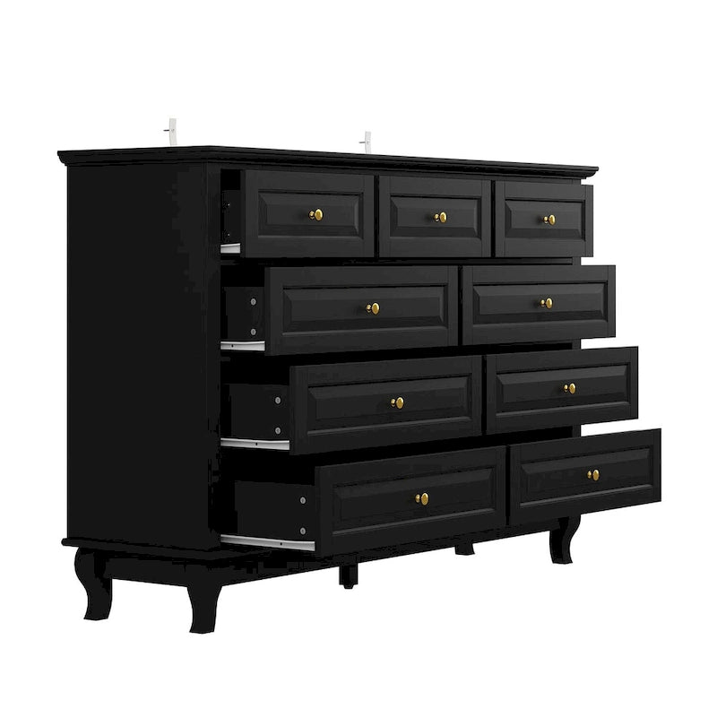 Commode à 9 tiroirs et meuble TV – Noir / Blanc / Bleu marine, MDF moderne et pieds en bois massif, 1 à 2 utilisateurs