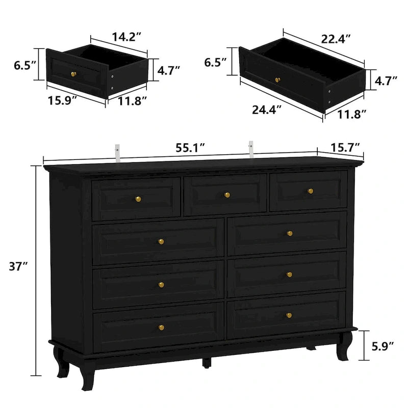 Commode à 9 tiroirs et meuble TV – Noir / Blanc / Bleu marine, MDF moderne et pieds en bois massif, 1 à 2 utilisateurs