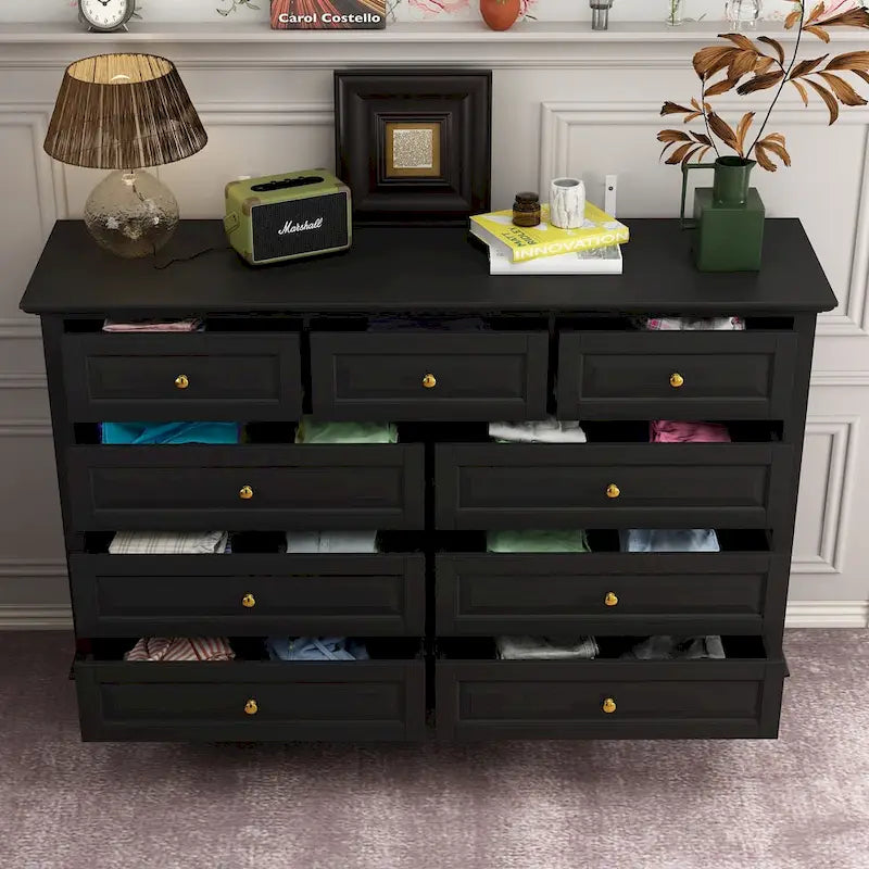 Commode à 9 tiroirs et meuble TV – Noir / Blanc / Bleu marine, MDF moderne et pieds en bois massif, 1 à 2 utilisateurs