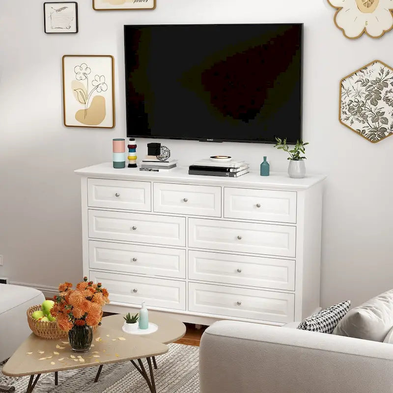 Commode à 9 tiroirs et meuble TV – Noir / Blanc / Bleu marine, MDF moderne et pieds en bois massif, 1 à 2 utilisateurs