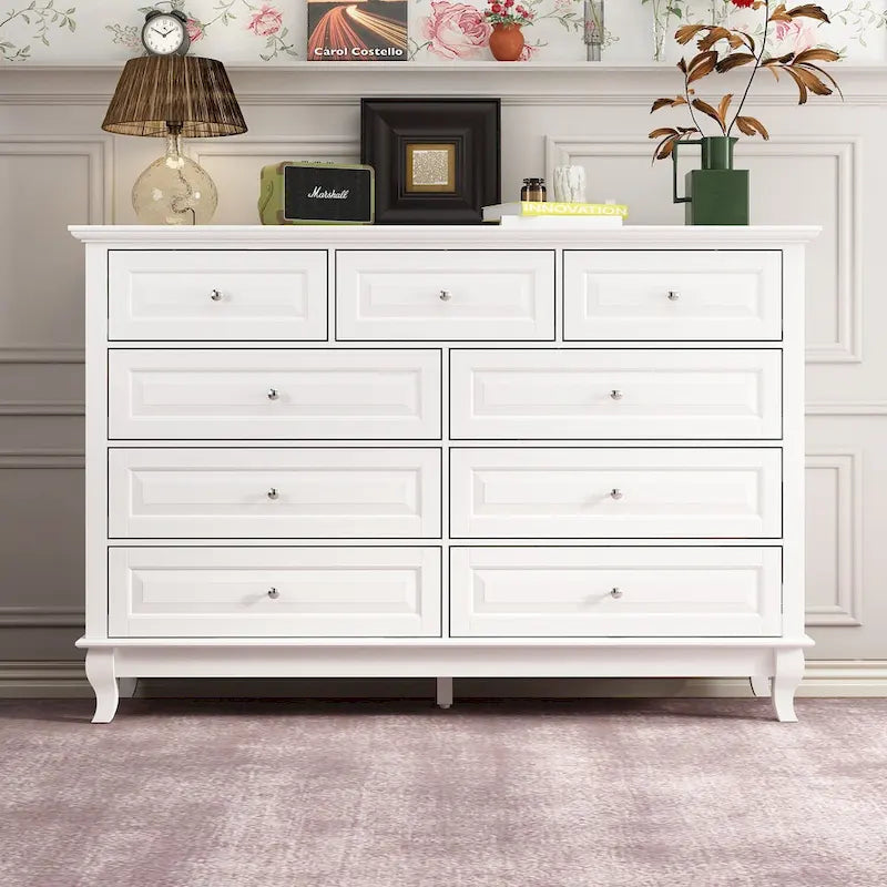 Commode à 9 tiroirs et meuble TV – Noir / Blanc / Bleu marine, MDF moderne et pieds en bois massif, 1 à 2 utilisateurs