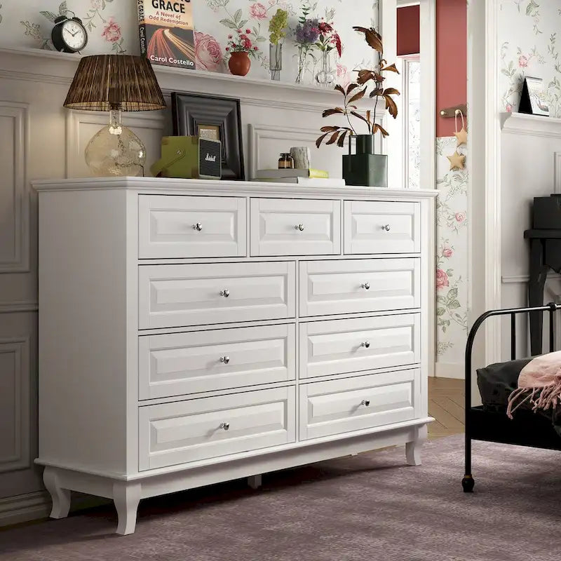 Commode à 9 tiroirs et meuble TV – Noir / Blanc / Bleu marine, MDF moderne et pieds en bois massif, 1 à 2 utilisateurs