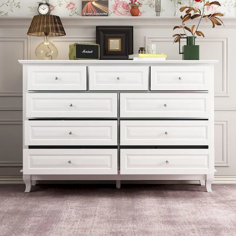 Commode à 9 tiroirs et meuble TV – Noir / Blanc / Bleu marine, MDF moderne et pieds en bois massif, 1 à 2 utilisateurs