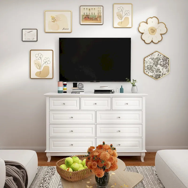 Commode à 9 tiroirs et meuble TV – Noir / Blanc / Bleu marine, MDF moderne et pieds en bois massif, 1 à 2 utilisateurs