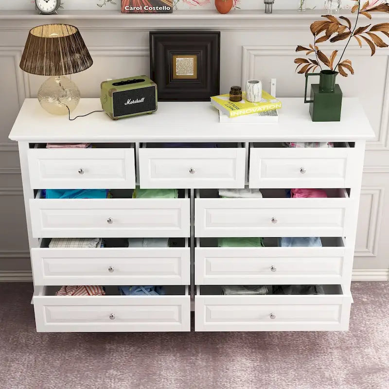 Commode à 9 tiroirs et meuble TV – Noir / Blanc / Bleu marine, MDF moderne et pieds en bois massif, 1 à 2 utilisateurs
