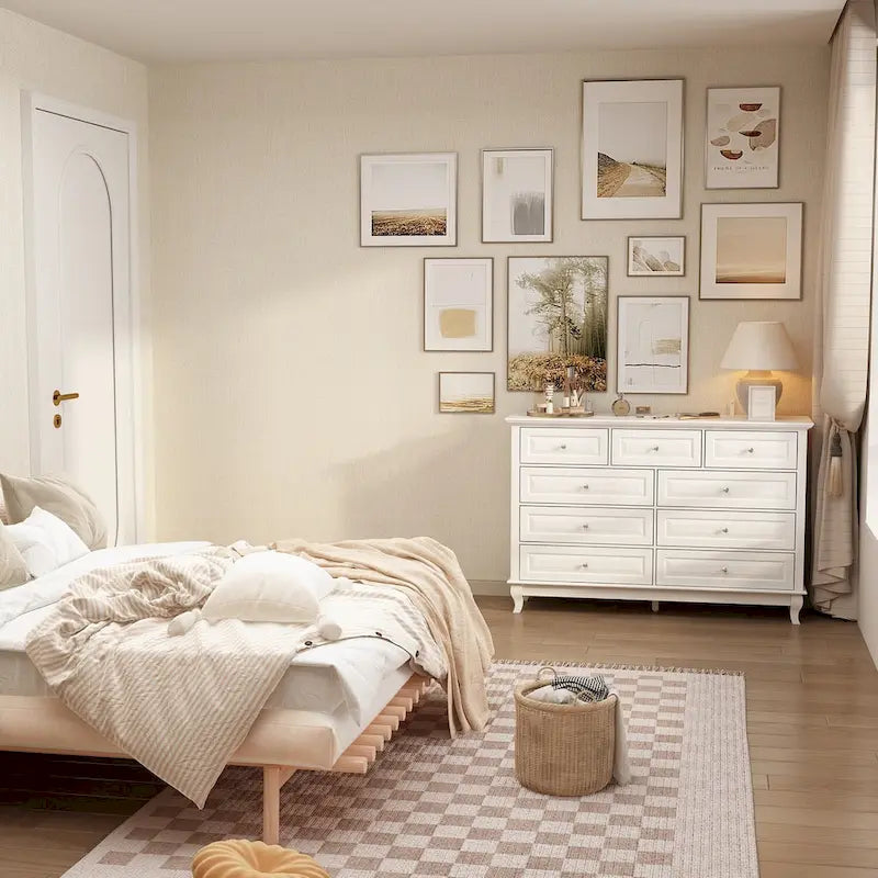 Commode à 9 tiroirs et meuble TV – Noir / Blanc / Bleu marine, MDF moderne et pieds en bois massif, 1 à 2 utilisateurs