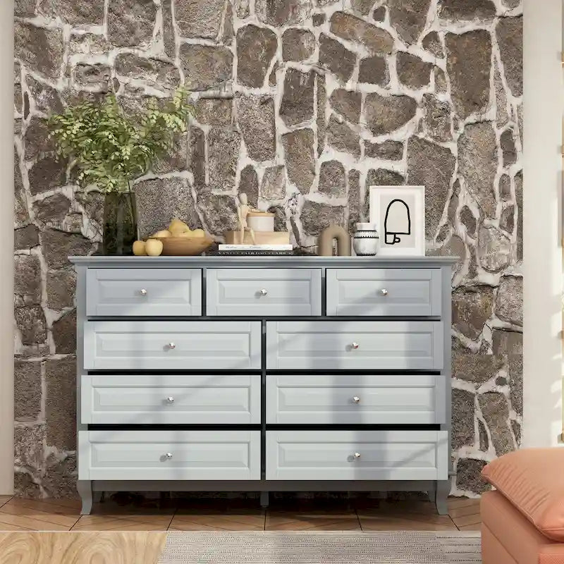 Commode à 9 tiroirs et meuble TV – Noir / Blanc / Bleu marine, MDF moderne et pieds en bois massif, 1 à 2 utilisateurs