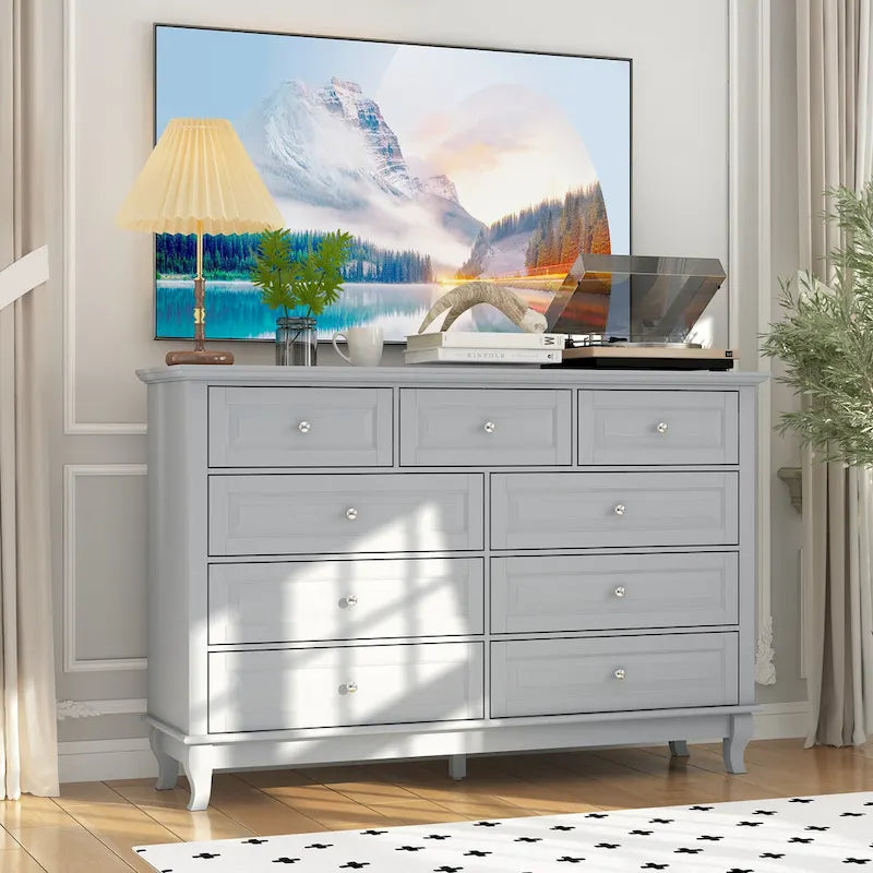 Commode à 9 tiroirs et meuble TV – Noir / Blanc / Bleu marine, MDF moderne et pieds en bois massif, 1 à 2 utilisateurs