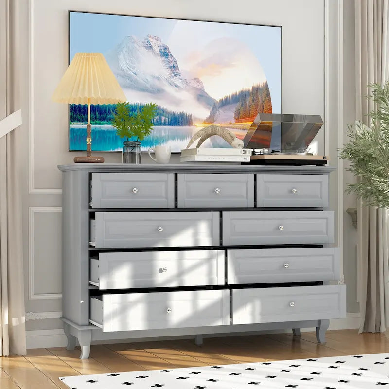 Commode à 9 tiroirs et meuble TV – Noir / Blanc / Bleu marine, MDF moderne et pieds en bois massif, 1 à 2 utilisateurs