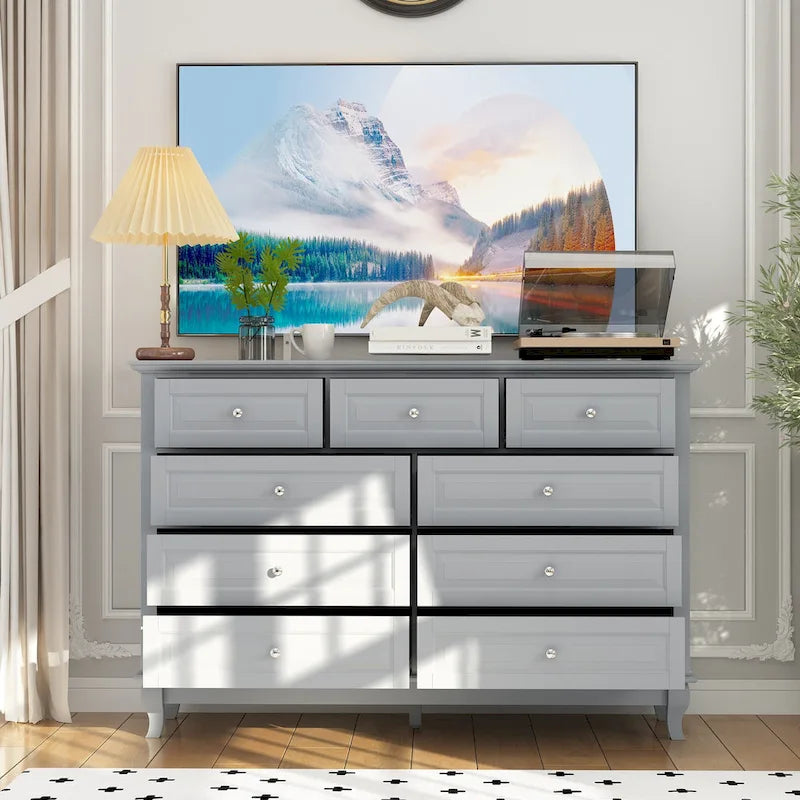 Commode à 9 tiroirs et meuble TV – Noir / Blanc / Bleu marine, MDF moderne et pieds en bois massif, 1 à 2 utilisateurs