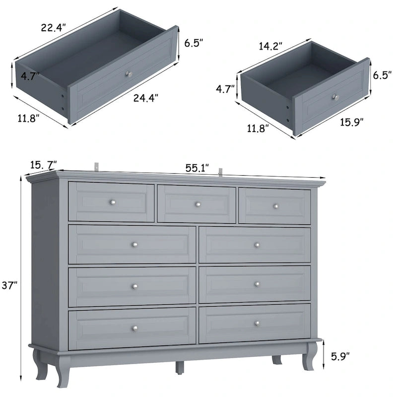 Commode à 9 tiroirs et meuble TV – Noir / Blanc / Bleu marine, MDF moderne et pieds en bois massif, 1 à 2 utilisateurs