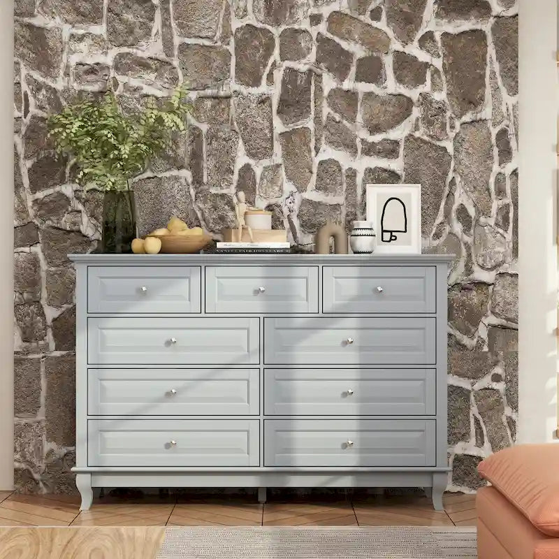 Commode à 9 tiroirs et meuble TV – Noir / Blanc / Bleu marine, MDF moderne et pieds en bois massif, 1 à 2 utilisateurs
