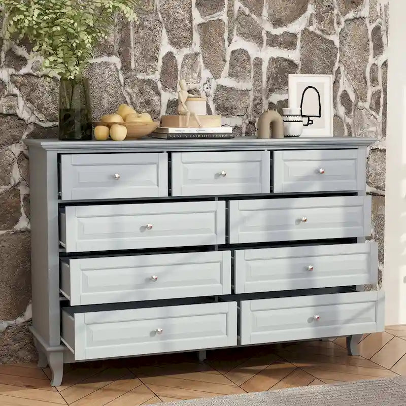 Commode à 9 tiroirs et meuble TV – Noir / Blanc / Bleu marine, MDF moderne et pieds en bois massif, 1 à 2 utilisateurs