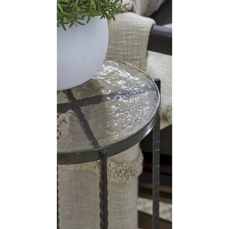 Table d'appoint – Transparente et noire, plateau en verre et pieds en métal, utilisateur unique