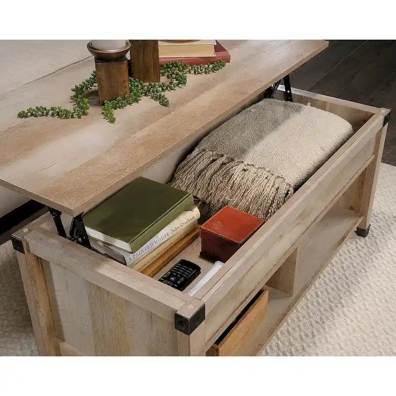 Table basse relevable – Chêne café / Chêne linteau / Cerisier Washington, Bois avec rangement caché, 1-2 utilisateurs