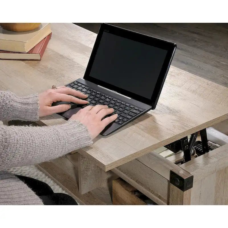 Table basse relevable – Chêne café / Chêne linteau / Cerisier Washington, Bois avec rangement caché, 1-2 utilisateurs