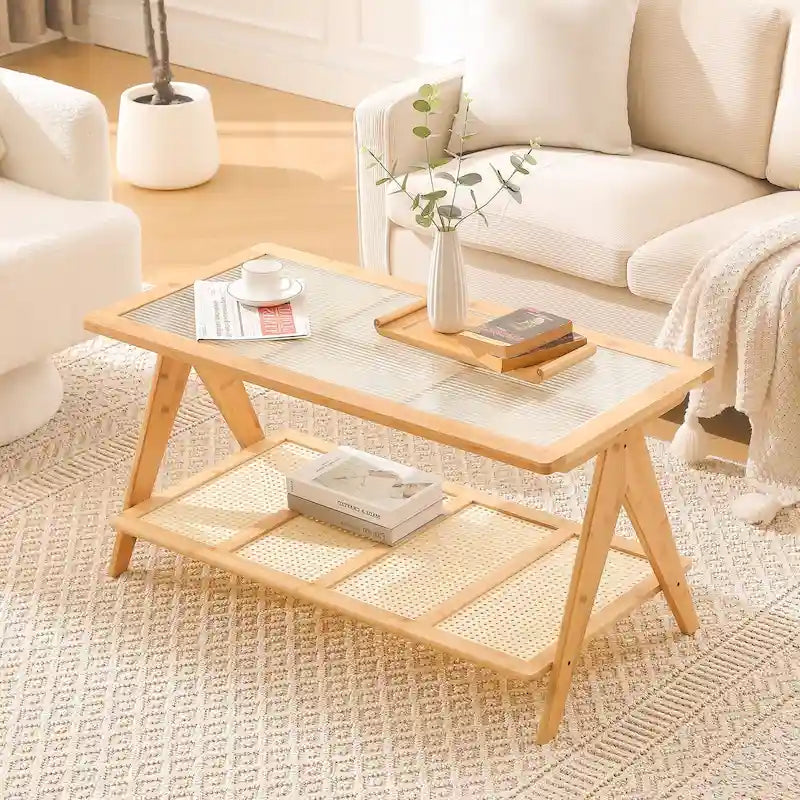 Table basse rectangulaire à 2 niveaux, table de canapé avec plateau en verre - 39.4L x 19.7W x 19.7D