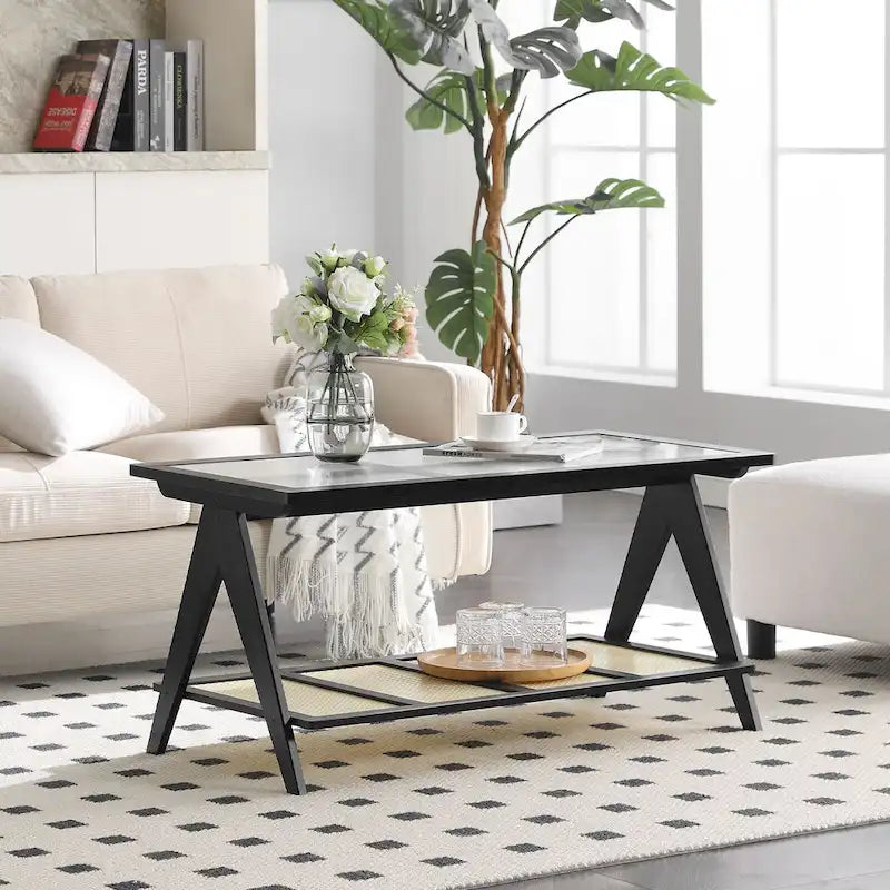 Rechthoekige salontafel met 2 niveaus, glazen bovenblad, banktafel - 39.4L x 19.7W x 19.7D
