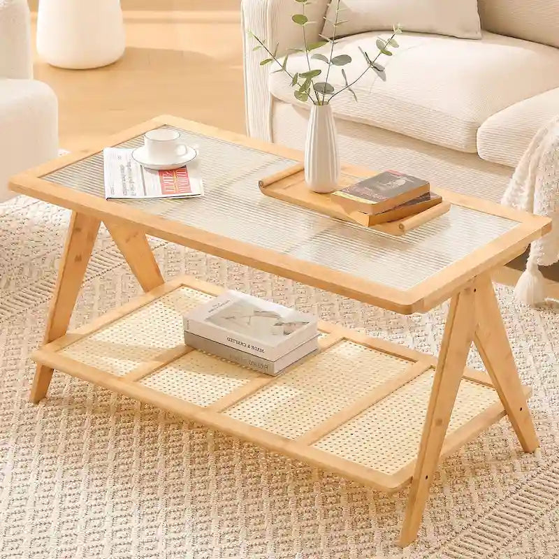 Rechthoekige salontafel met 2 niveaus, glazen bovenblad, banktafel - 39.4L x 19.7W x 19.7D