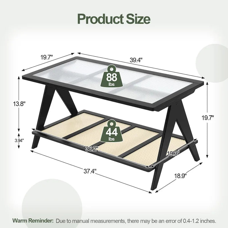 Rechthoekige salontafel met 2 niveaus, glazen bovenblad, banktafel - 39.4L x 19.7W x 19.7D