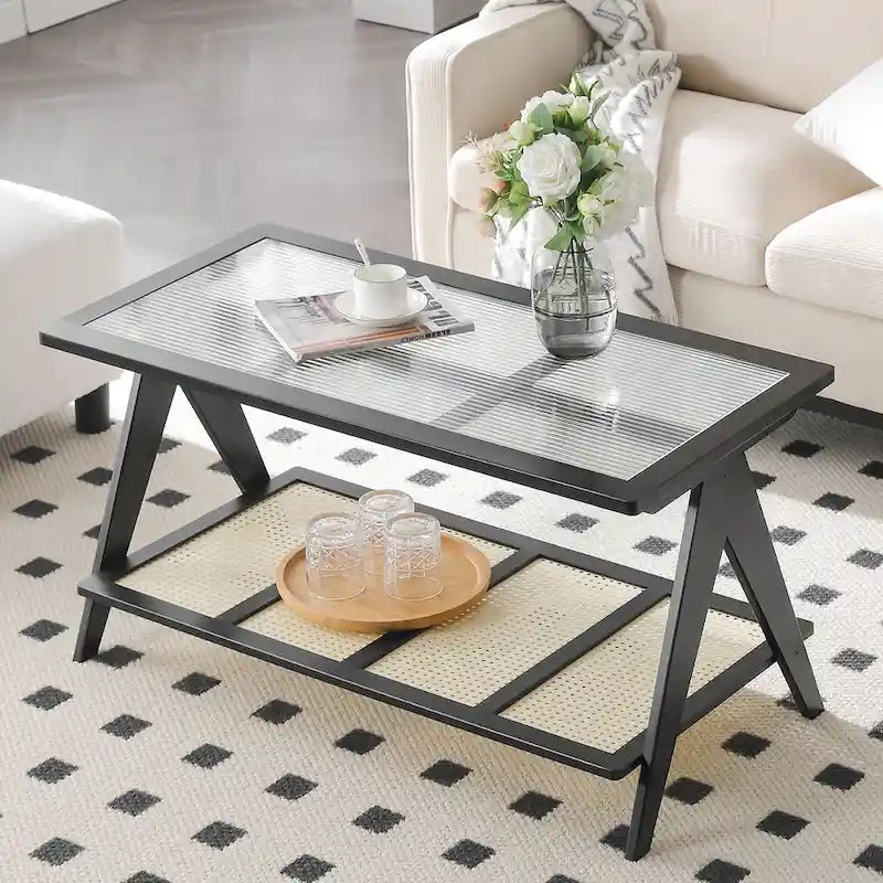 Rechthoekige salontafel met 2 niveaus, glazen bovenblad, banktafel - 39.4L x 19.7W x 19.7D