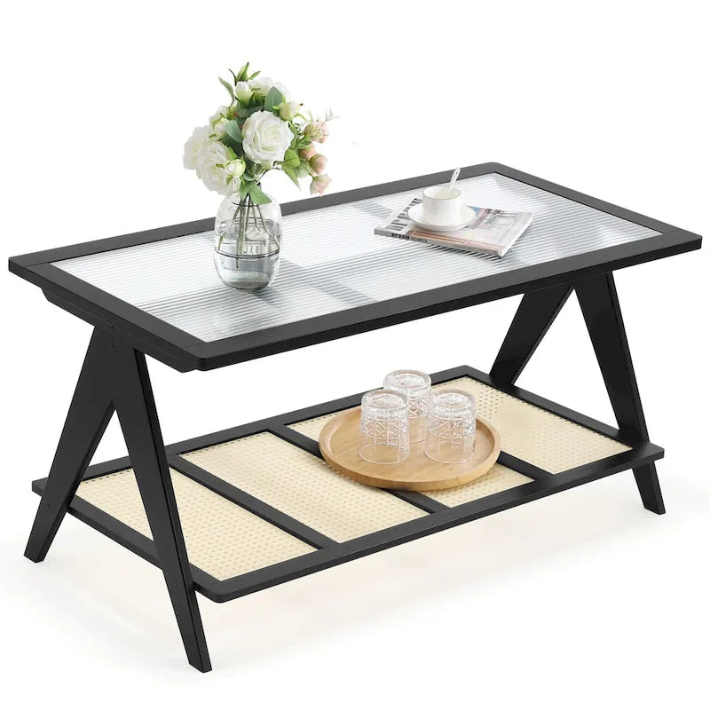 Rechthoekige salontafel met 2 niveaus, glazen bovenblad, banktafel - 39.4L x 19.7W x 19.7D
