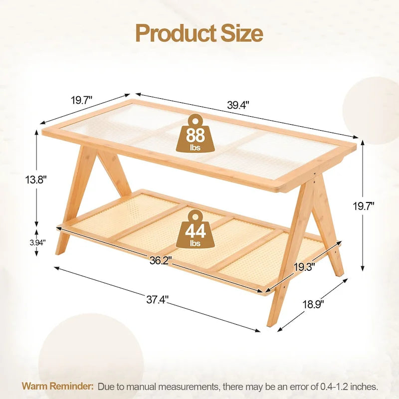 Rechthoekige salontafel met 2 niveaus, glazen bovenblad, banktafel - 39.4L x 19.7W x 19.7D