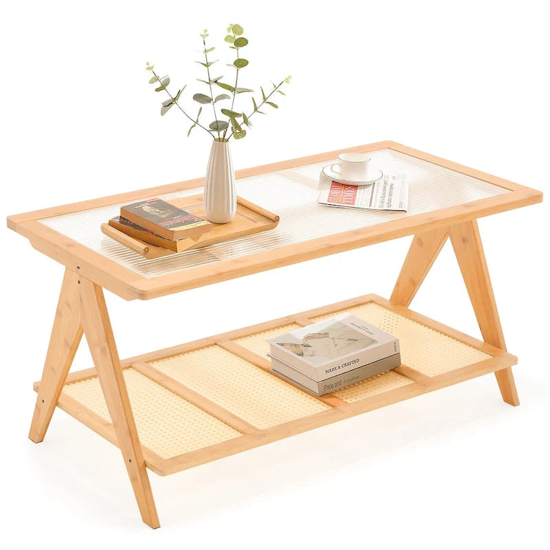 Rechthoekige salontafel met 2 niveaus, glazen bovenblad, banktafel - 39.4L x 19.7W x 19.7D