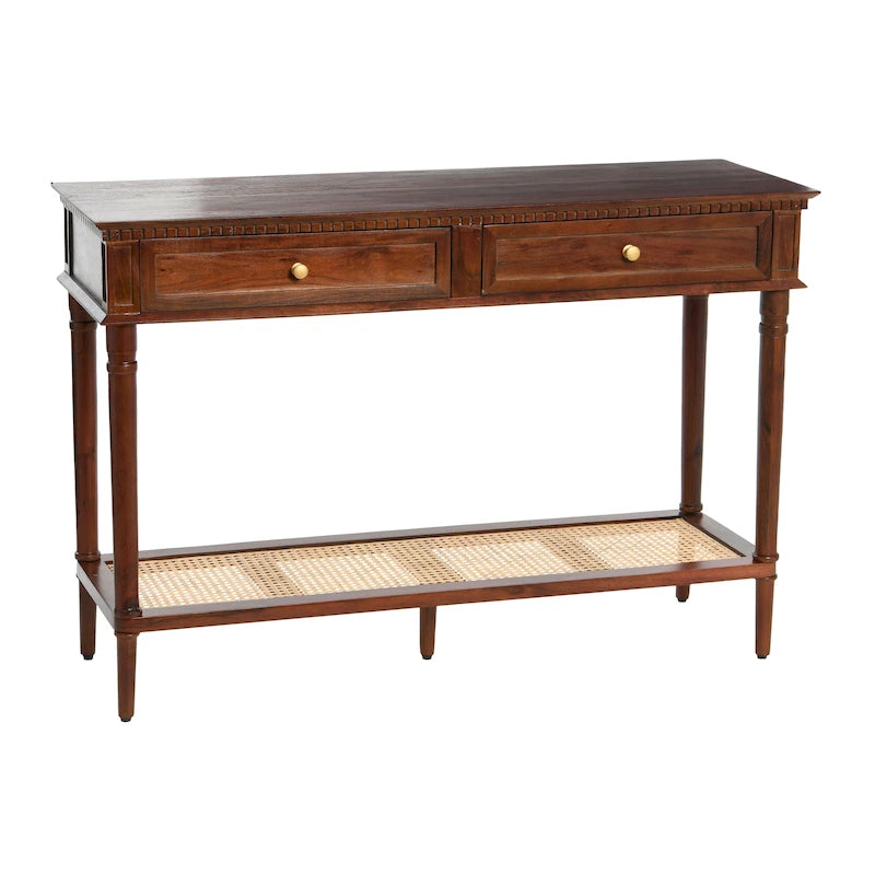 Console avec 2 tiroirs et étagère en cannage – Noyer / Noir / Blanc, Bois massif traditionnel, Utilisateur unique
