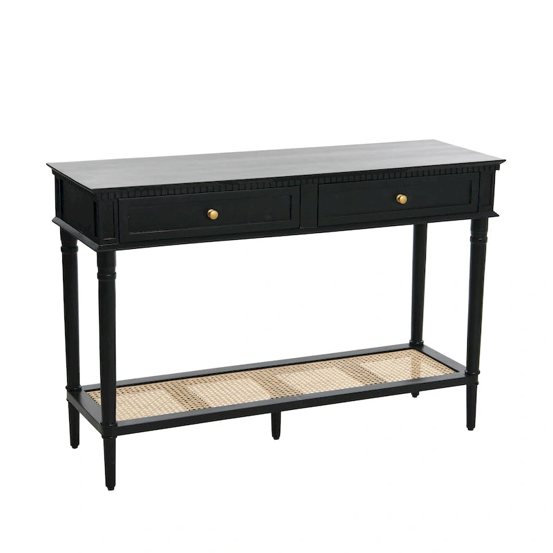 Console avec 2 tiroirs et étagère en cannage – Noyer / Noir / Blanc, Bois massif traditionnel, Utilisateur unique