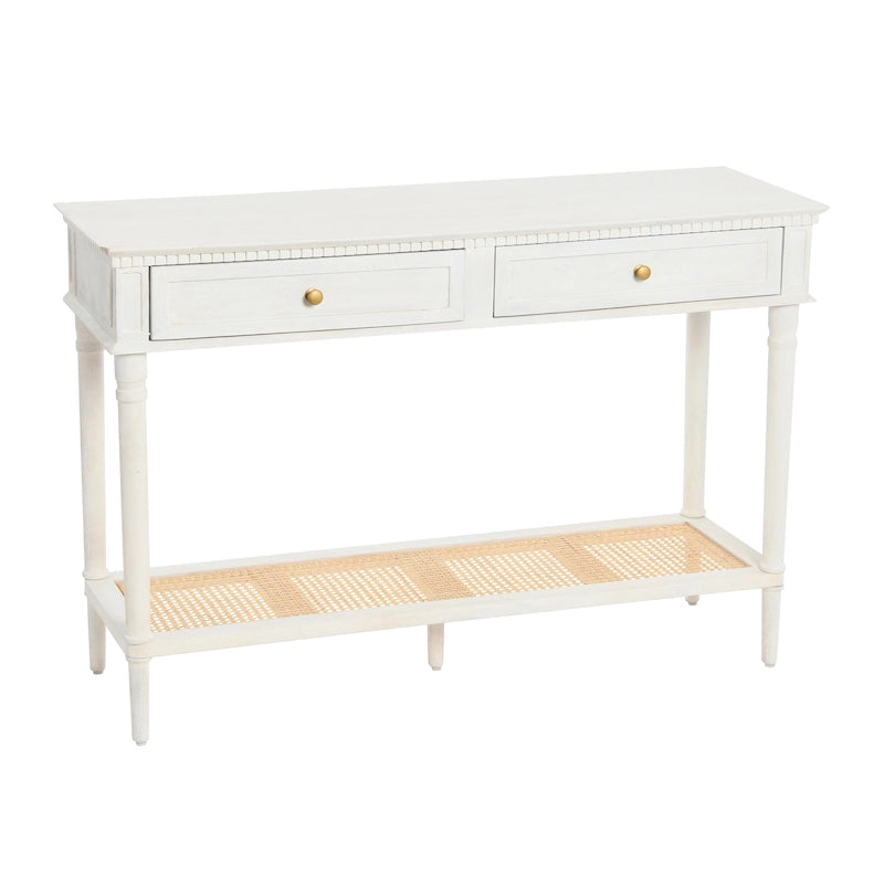 Console avec 2 tiroirs et étagère en cannage – Noyer / Noir / Blanc, Bois massif traditionnel, Utilisateur unique