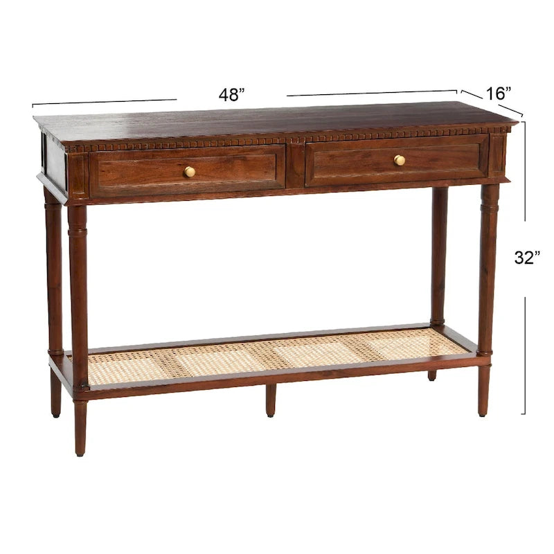 Console avec 2 tiroirs et étagère en cannage – Noyer / Noir / Blanc, Bois massif traditionnel, Utilisateur unique